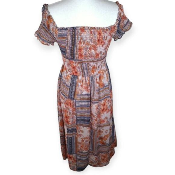 XHILARATION SMOCKED OFF-THE-SHOULDER PINK, BLUE, & YELLOW DRESS SZ.S EUC. - Picture 4 of 6